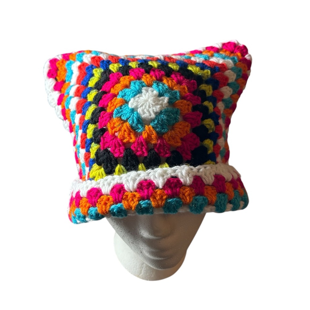 Handmade Crochet Cat Beanie made in Granny Square Style 22” IN CIRC.